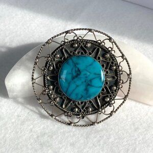 VTG Sterling Silver 925 Joy-Mex Hencho En Mexico Faux Turquoise Filigree Brooch